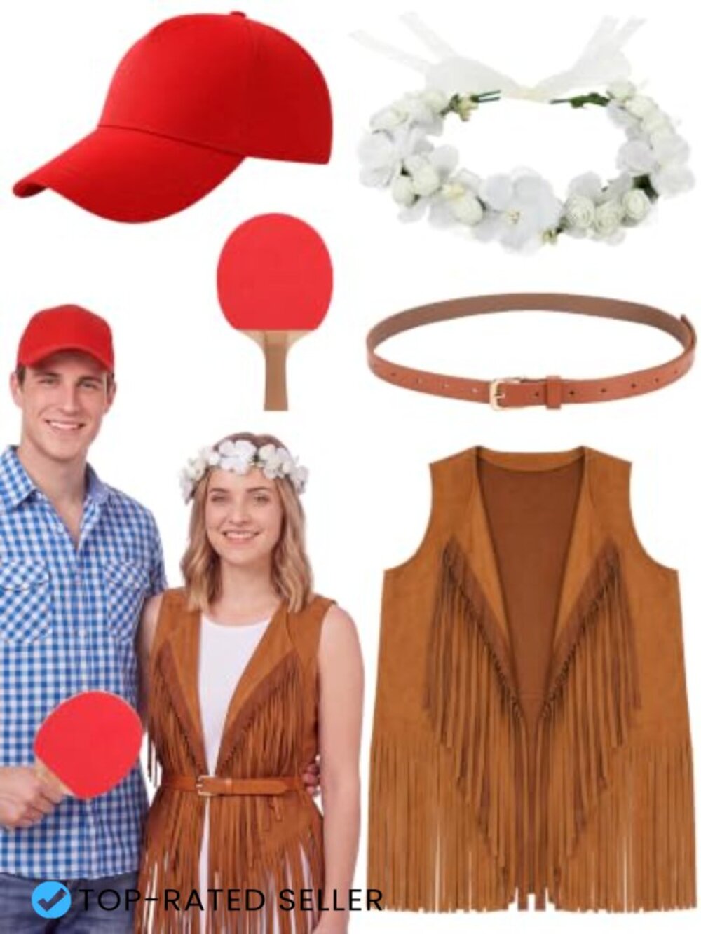 Hippie Couple Costume Set 5 Pc Fringe Suede Vest Flower Crown 70s Halloween